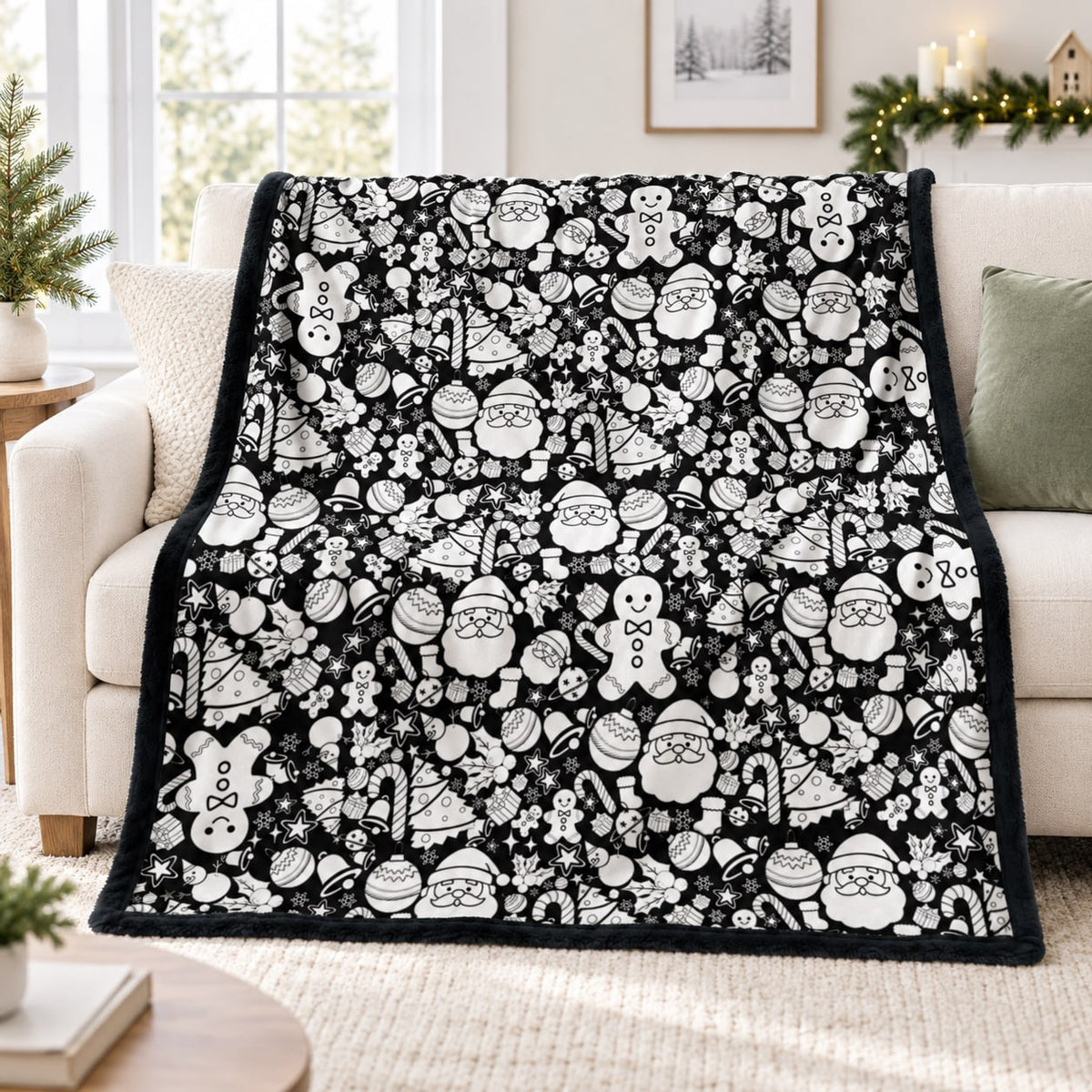 Christmas coloring blanket on a sofa