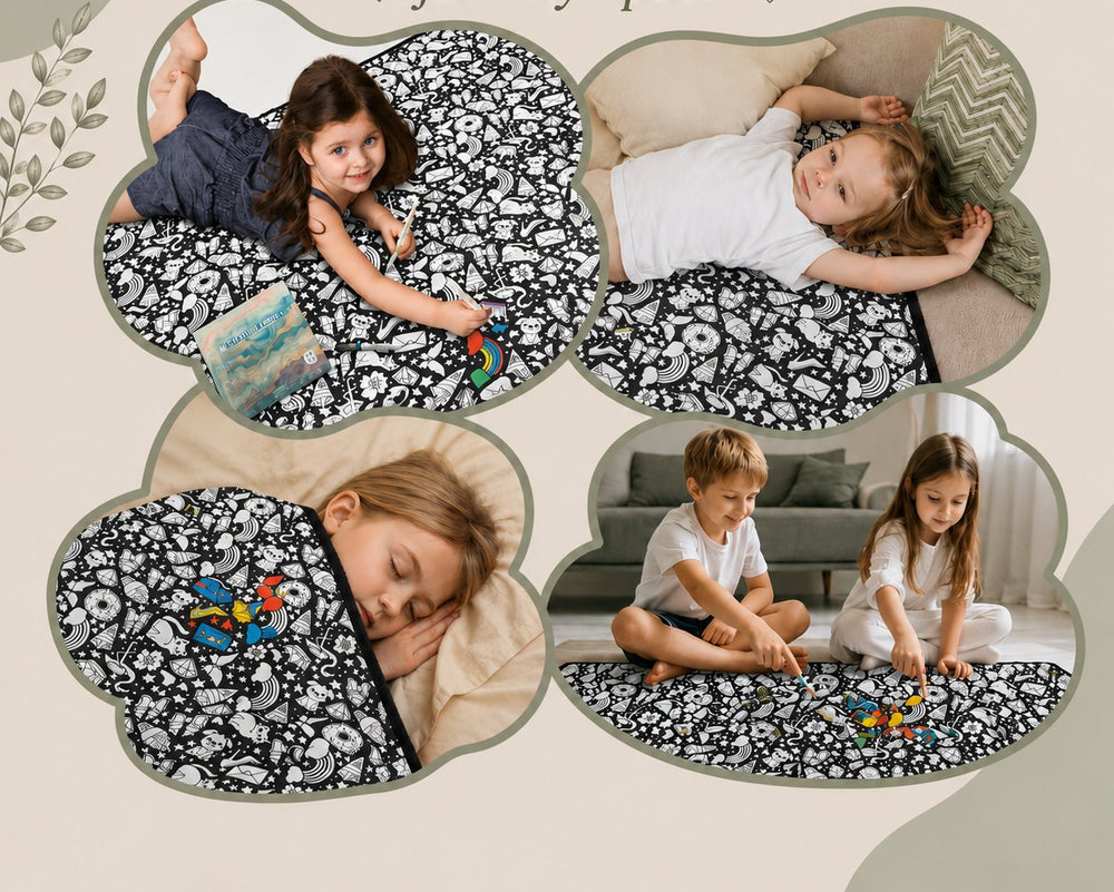 Kids using the coloring blanket at home