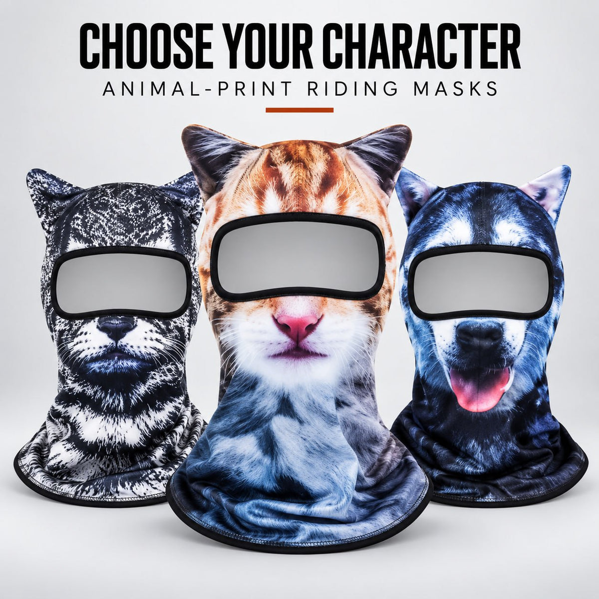 Animal print balaclava masks, three styles